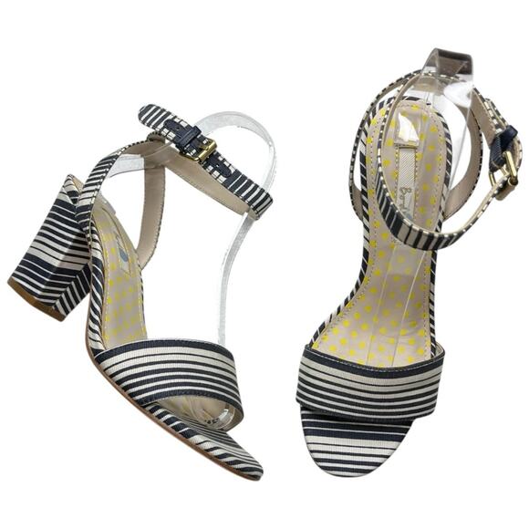 Boden Sandals 6 37 Kristen Navy Stripe Block Heel Leather Sole Nautical Preppy - Picture 1 of 7